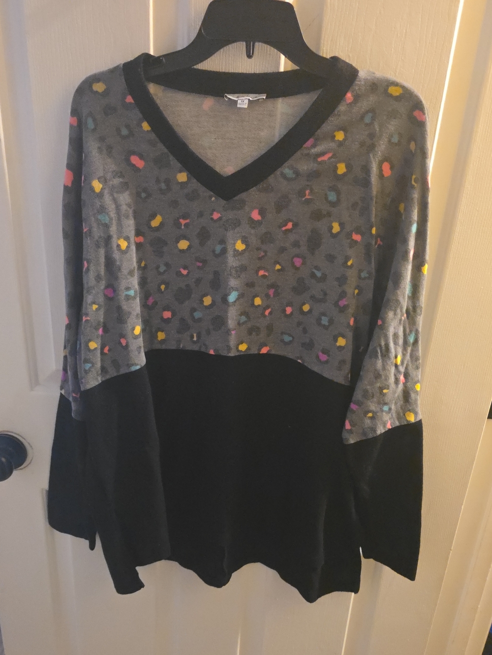 white birch Gray and Black V‑Neck Sweater with Multicolor Spots